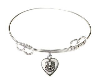 7 1/2 inch Round Double Loop Rhodium Bangle Bracelet with a Sterling Silver Heart / Communion charm.