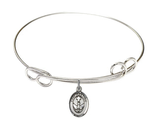 7 1/2 inch Round Double Loop Rhodium Bangle Bracelet with a Sterling Silver Confirmation charm.