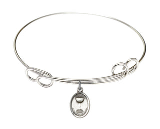 7 1/2 inch Round Double Loop Rhodium Bangle Bracelet with a Sterling Silver Holy Communion charm.
