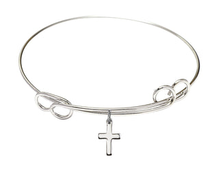 7 1/2 inch Round Double Loop Rhodium Bangle Bracelet with a Sterling Silver Cross charm.