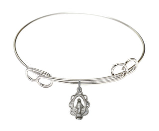 7 1/2 inch Round Double Loop Rhodium Bangle Bracelet with a Sterling Silver Miraculous charm.
