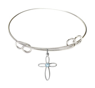 7 1/2 inch Round Double Loop Rhodium Bangle Bracelet with a Sterling Silver Loop Cross charm.