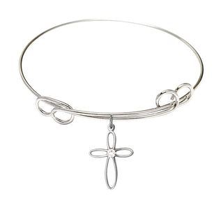 7 1/2 inch Round Double Loop Rhodium Bangle Bracelet with a Sterling Silver Loop Cross charm.