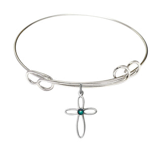 7 1/2 inch Round Double Loop Rhodium Bangle Bracelet with a Sterling Silver Loop Cross charm.