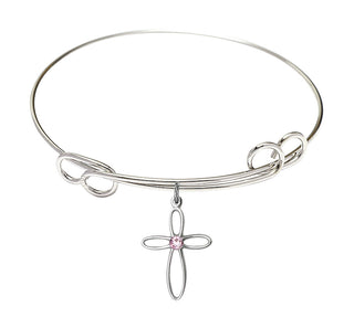 7 1/2 inch Round Double Loop Rhodium Bangle Bracelet with a Sterling Silver Loop Cross charm.