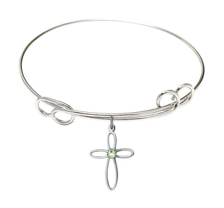 7 1/2 inch Round Double Loop Rhodium Bangle Bracelet with a Sterling Silver Loop Cross charm.