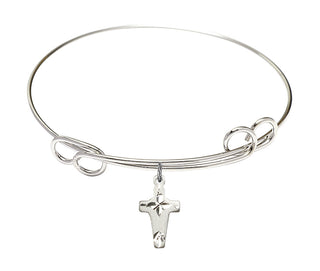 7 1/2 inch Round Double Loop Rhodium Bangle Bracelet with a Sterling Silver Cross charm.