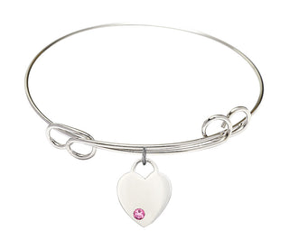 7 1/2 inch Round Double Loop Rhodium Bangle Bracelet with a Sterling Silver Heart charm. Engraved Catholic Saint Jewelry