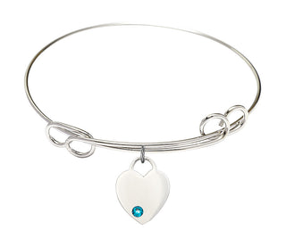 7 1/2 inch Round Double Loop Rhodium Bangle Bracelet with a Sterling Silver Heart charm. Engraved Catholic Saint Jewelry