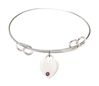 7 1/2 inch Round Double Loop Rhodium Bangle Bracelet with a Sterling Silver Heart charm. Engraved Catholic Saint Jewelry