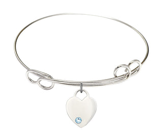 7 1/2 inch Round Double Loop Rhodium Bangle Bracelet with a Sterling Silver Heart charm. Engraved Catholic Saint Jewelry