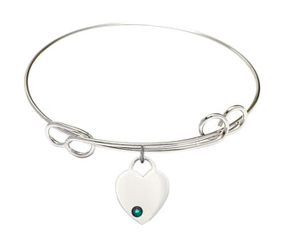 7 1/2 inch Round Double Loop Rhodium Bangle Bracelet with a Sterling Silver Heart charm. Engraved Catholic Saint Jewelry