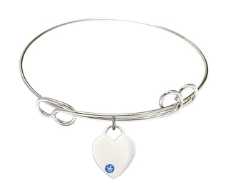 7 1/2 inch Round Double Loop Rhodium Bangle Bracelet with a Sterling Silver Heart charm. Engraved Catholic Saint Jewelry