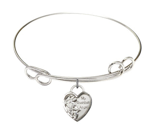 7 1/2 inch Round Double Loop Rhodium Bangle Bracelet with a Sterling Silver Guardian Angel Heart charm. Engraved Catholic Saint Jewelry