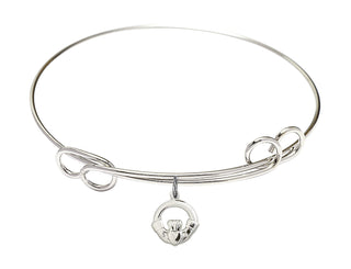 7 1/2 inch Round Double Loop Rhodium Bangle Bracelet with a Sterling Silver Claddagh charm.