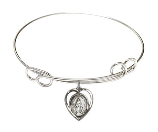 7 1/2 inch Round Double Loop Rhodium Bangle Bracelet with a Sterling Silver Miraculous charm.