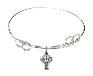 7 1/2 inch Round Double Loop Rhodium Bangle Bracelet with a Sterling Silver Celtic Cross charm.