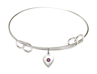 7 1/2 inch Round Double Loop Rhodium Bangle Bracelet with a Sterling Silver Heart charm.