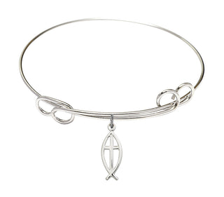7 1/2 inch Round Double Loop Rhodium Bangle Bracelet with a Sterling Silver Fish / Cross charm.