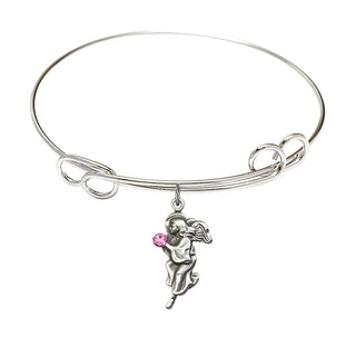 7 1/2 inch Round Double Loop Rhodium Bangle Bracelet with a Sterling Silver Guardian Angel charm.