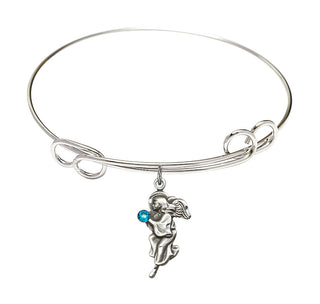 7 1/2 inch Round Double Loop Rhodium Bangle Bracelet with a Sterling Silver Guardian Angel charm.