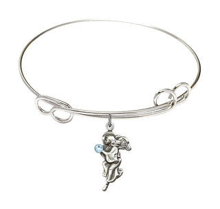7 1/2 inch Round Double Loop Rhodium Bangle Bracelet with a Sterling Silver Guardian Angel charm.