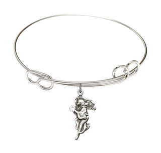 7 1/2 inch Round Double Loop Rhodium Bangle Bracelet with a Sterling Silver Guardian Angel charm.