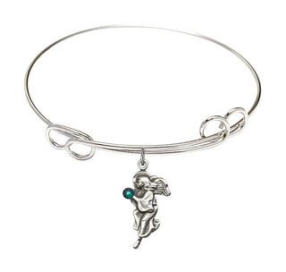 7 1/2 inch Round Double Loop Rhodium Bangle Bracelet with a Sterling Silver Guardian Angel charm.