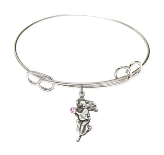 7 1/2 inch Round Double Loop Rhodium Bangle Bracelet with a Sterling Silver Guardian Angel charm.
