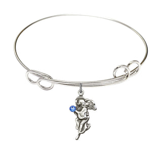7 1/2 inch Round Double Loop Rhodium Bangle Bracelet with a Sterling Silver Guardian Angel charm.