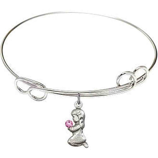 7 1/2 inch Round Double Loop Rhodium Bangle Bracelet with a Sterling Silver Praying Girl charm.