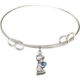 7 1/2 inch Round Double Loop Rhodium Bangle Bracelet with a Sterling Silver Praying Boy charm.