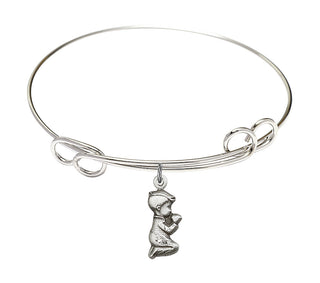 7 1/2 inch Round Double Loop Rhodium Bangle Bracelet with a Sterling Silver Praying Boy charm.