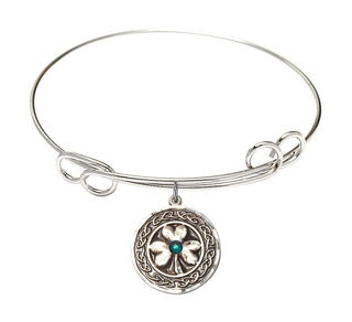 7 1/2 inch Round Double Loop Rhodium Bangle Bracelet with a Sterling Silver Shamrock with Celtic Border charm.