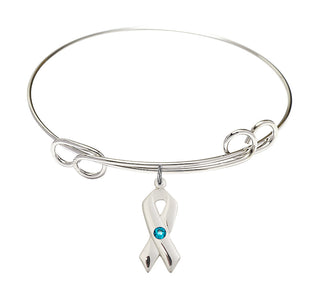 7 1/2 inch Round Double Loop Rhodium Bangle Bracelet with a Sterling Silver Cancer Awareness charm.