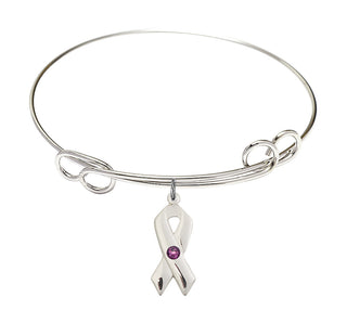 7 1/2 inch Round Double Loop Rhodium Bangle Bracelet with a Sterling Silver Cancer Awareness charm.