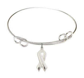 7 1/2 inch Round Double Loop Rhodium Bangle Bracelet with a Sterling Silver Cancer Awareness charm.