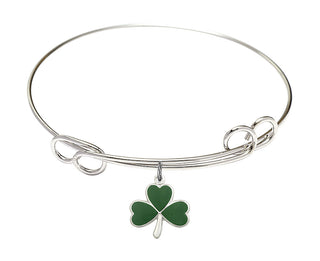7 1/2 inch Round Double Loop Rhodium Bangle Bracelet with a Sterling Silver Shamrock charm.