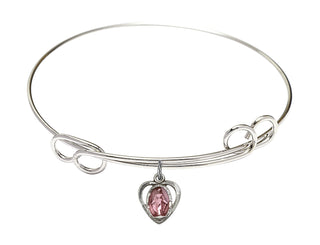 7 1/2 inch Round Double Loop Rhodium Bangle Bracelet with a Sterling Silver Miraculous charm.