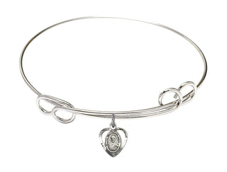 7 1/2 inch Round Double Loop Rhodium Bangle Bracelet with a Sterling Silver Scapular charm.