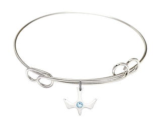 7 1/2 inch Round Double Loop Rhodium Bangle Bracelet with a Sterling Silver Holy Spirit charm.