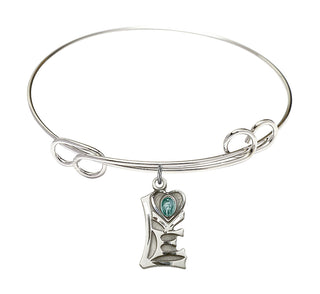 7 1/2 inch Round Double Loop Rhodium Bangle Bracelet with a Sterling Silver Miraculous charm.