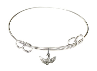 7 1/2 inch Round Double Loop Rhodium Bangle Bracelet with a Sterling Silver Holy Spirit charm.