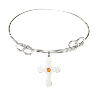 7 1/2 inch Round Double Loop Rhodium Bangle Bracelet with a Sterling Silver Cross charm.