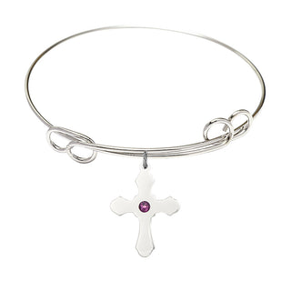 7 1/2 inch Round Double Loop Rhodium Bangle Bracelet with a Sterling Silver Cross charm.