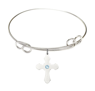 7 1/2 inch Round Double Loop Rhodium Bangle Bracelet with a Sterling Silver Cross charm.