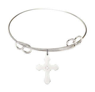 7 1/2 inch Round Double Loop Rhodium Bangle Bracelet with a Sterling Silver Cross charm.