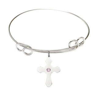 7 1/2 inch Round Double Loop Rhodium Bangle Bracelet with a Sterling Silver Cross charm.