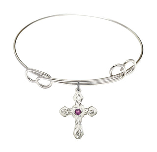 7 1/2 inch Round Double Loop Rhodium Bangle Bracelet with a Sterling Silver Cross charm. Engraved Catholic Saint Jewelry