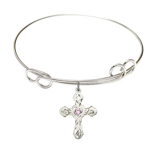 7 1/2 inch Round Double Loop Rhodium Bangle Bracelet with a Sterling Silver Cross charm. Engraved Catholic Saint Jewelry